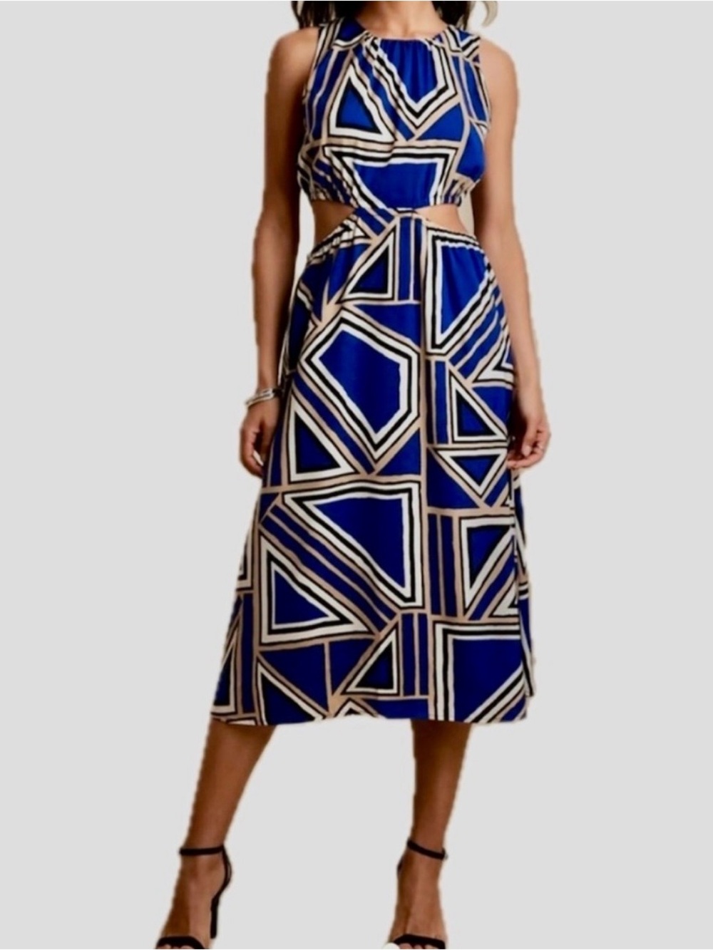 NWT Banana Republic Cutout MIDI Lazuli Blue Sleeveless Geometric Mod Dress, XL